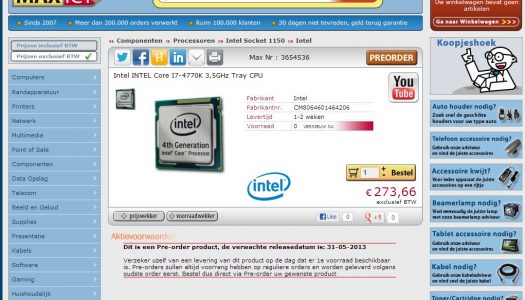 Intel Core i7-4770K “Haswell” en la lista de tiendas Europeas